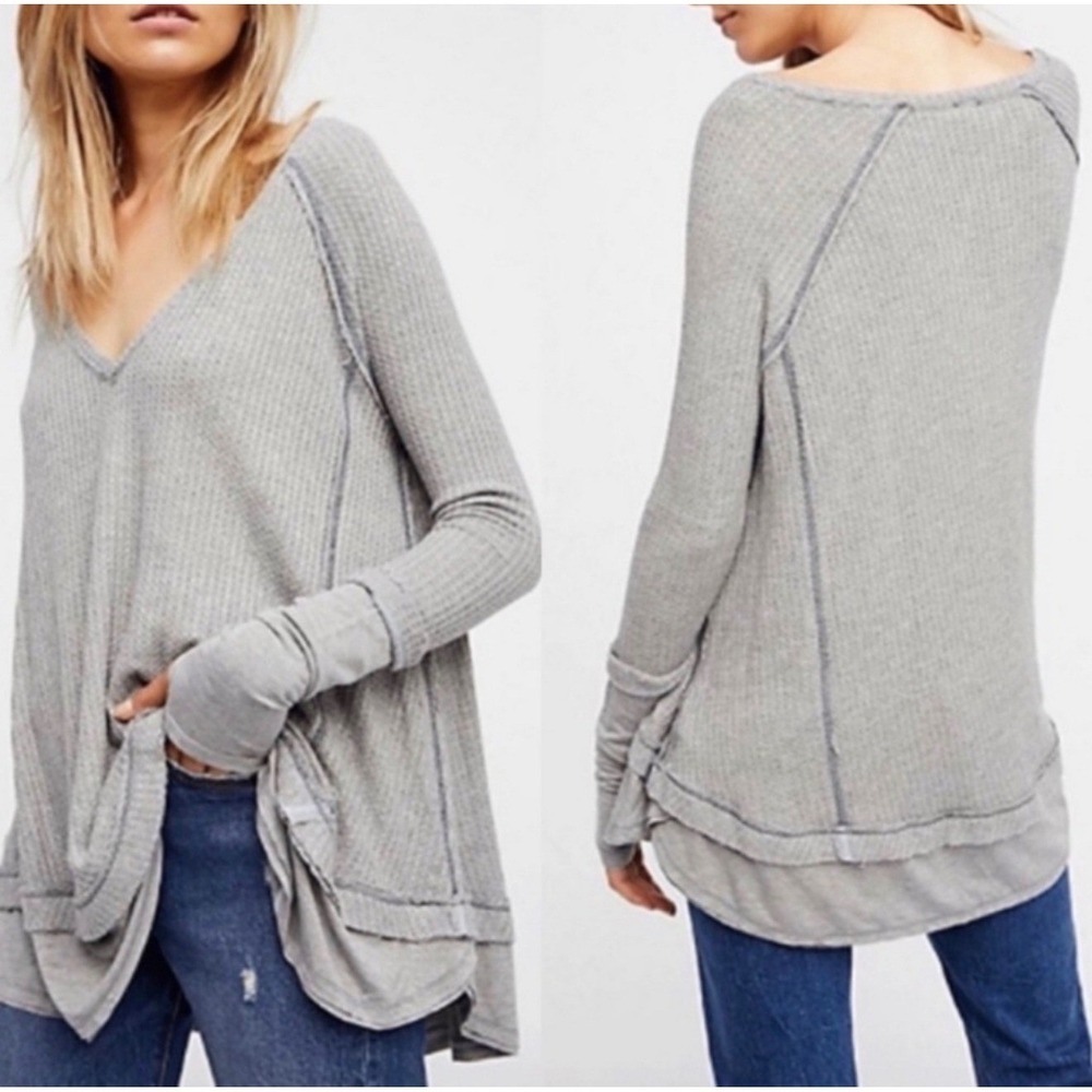 WE THE FREE Grey Thermal Waffle Knit Cozy Sweater with Thumb Holes Size Small
